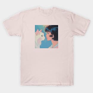 Retro Anime Girl And Cat Vintage Art 70s 80s 90s T-Shirt